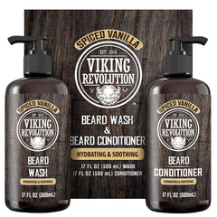 Viking Revolution front packaging showing full beard care set and benefits
