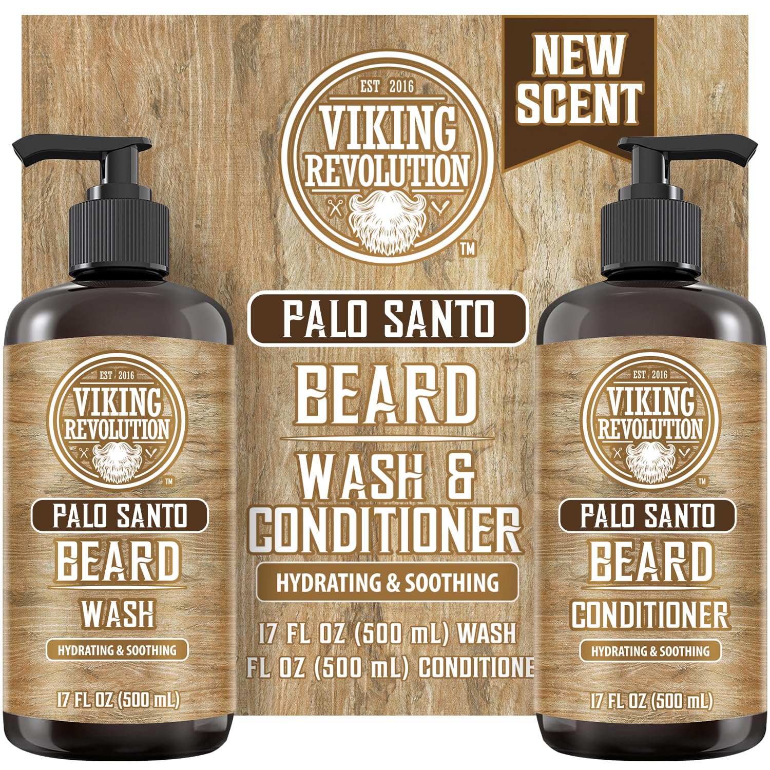Viking Revolution front packaging showing Palo Santo scent and two 17 oz bottles benefiting routine grooming