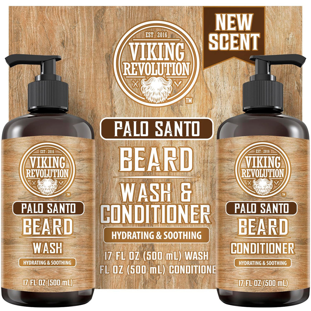 Viking Revolution front packaging showing Palo Santo scent and two 17 oz bottles benefiting routine grooming