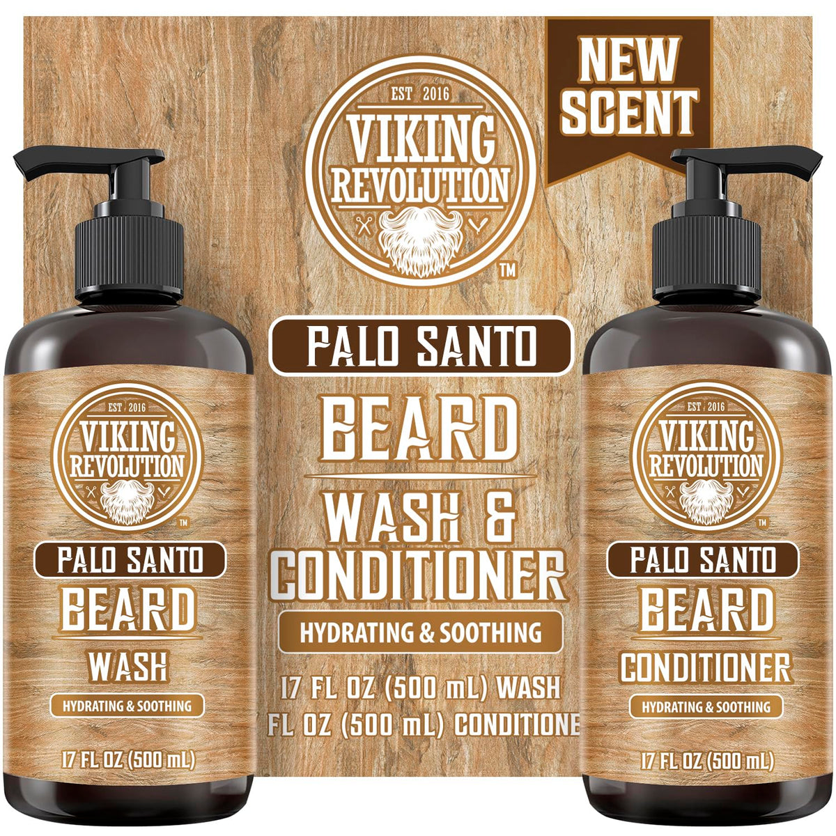 Viking Revolution front packaging showing Palo Santo scent and two 17 oz bottles benefiting routine grooming