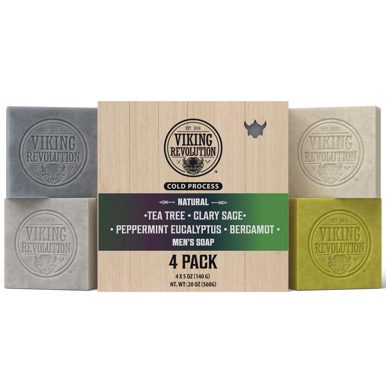 Viking Revolution front packaging showing four natural-scented bars and benefits