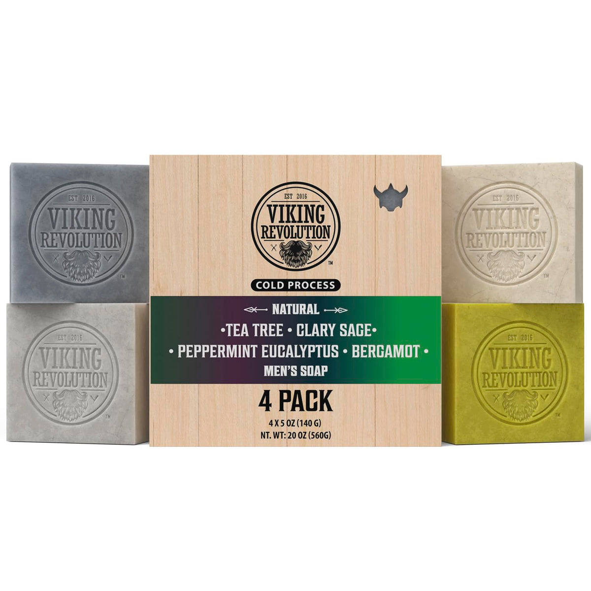 Viking Revolution front packaging showing four natural-scented bars and benefits
