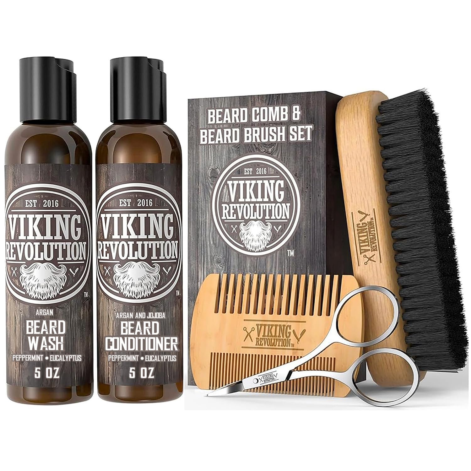 Viking Revolution front packaging showing complete beard care set and benefits