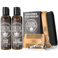Viking Revolution front packaging showing complete beard care set and benefits