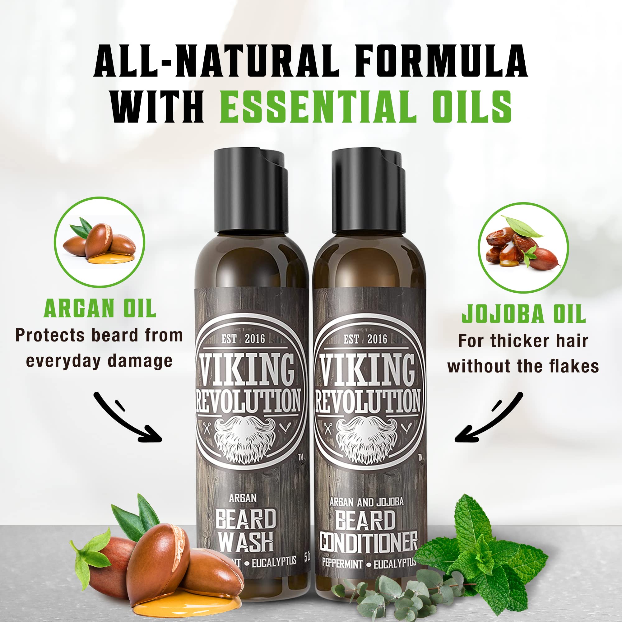 Viking Revolution ingredients label close-up showing natural extracts and conditioning benefit
