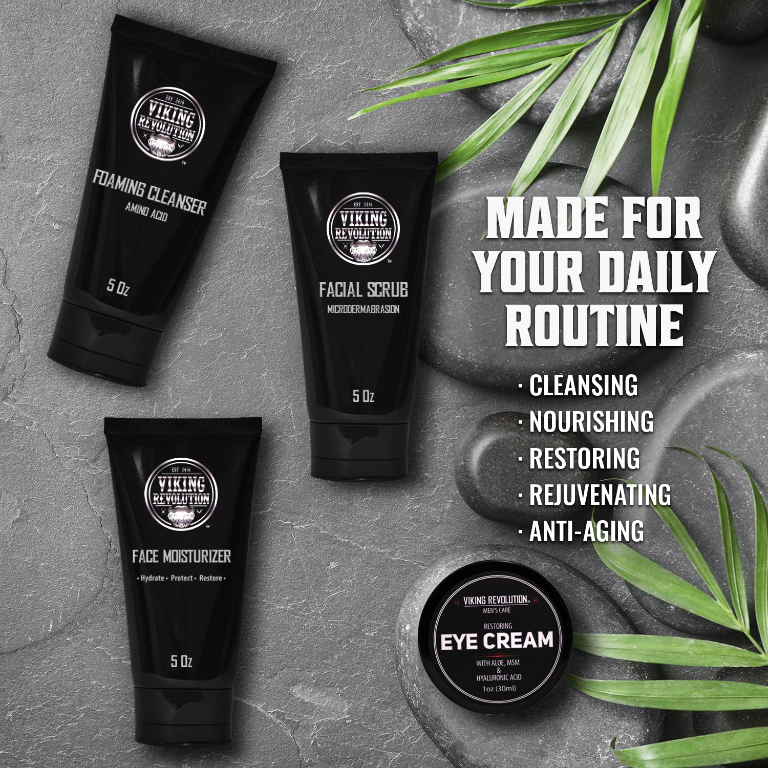 Viking Revolution products staged in bathroom to demonstrate simple daily routine