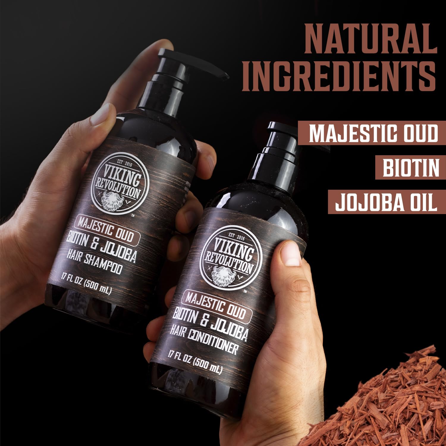 Viking Revolution bottle label closeup highlighting Majestic Oud scent and biotin formula