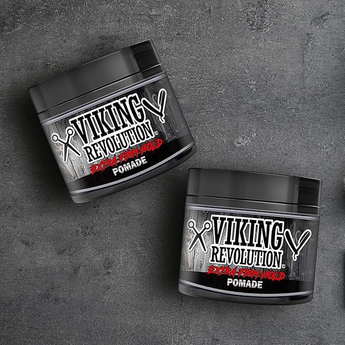 Viking Revolution pomade on barber counter styled haircut showcasing polished finish benefit