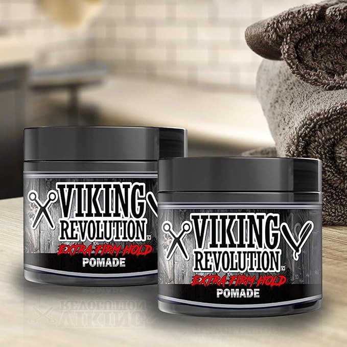 Viking Revolution pomade next to ruler indicating 4 oz scale and travel-friendly benefit