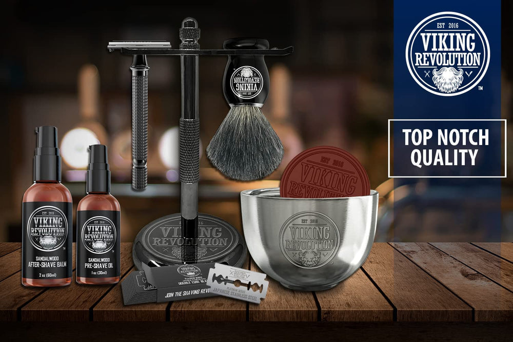 Viking Revolution preshave oil bottle close-up prepping stubble and softening skin