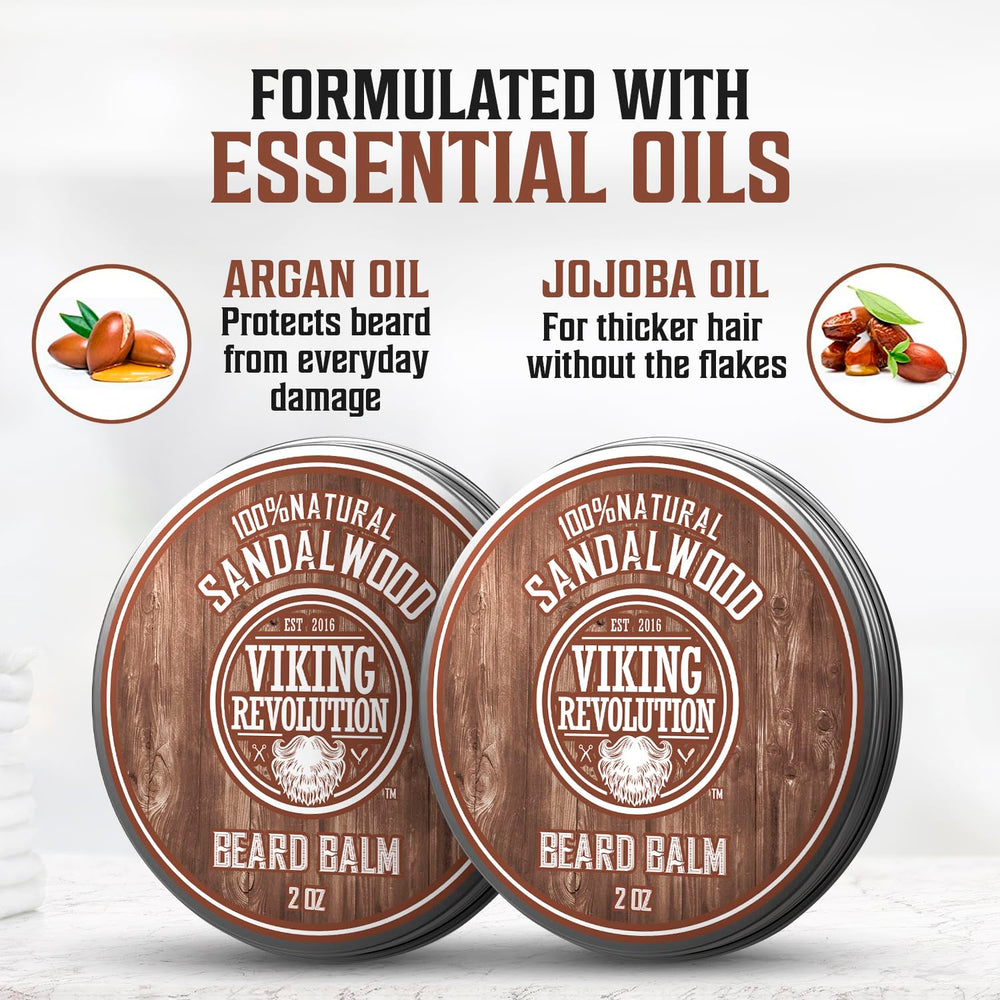 Viking Revolution jar near argan and jojoba oils highlighting nourishing ingredients