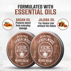 Viking Revolution jar near argan and jojoba oils highlighting nourishing ingredients