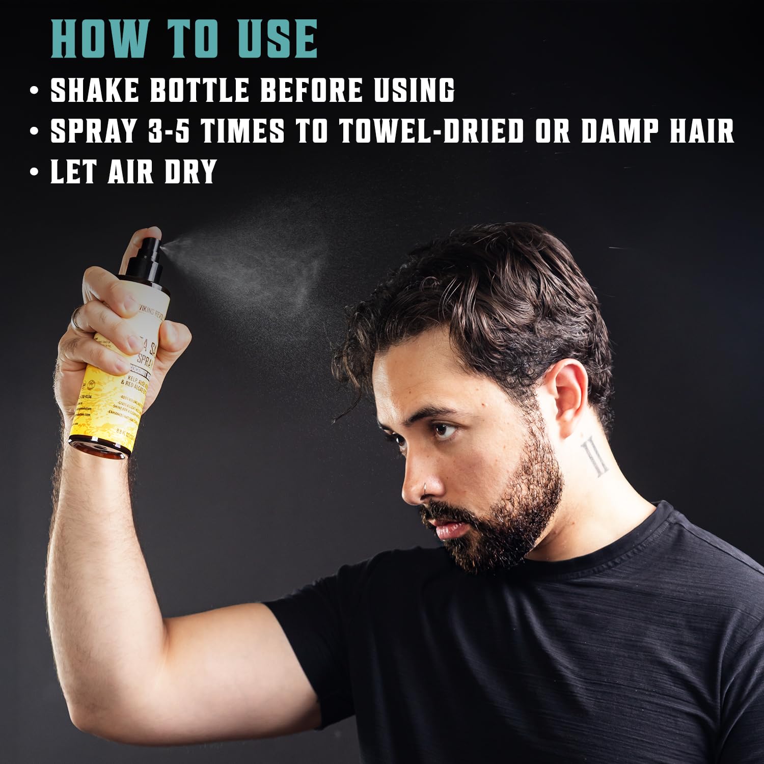 Viking Revolution hair spray being applied to hand benefit: easy application for targeted styling