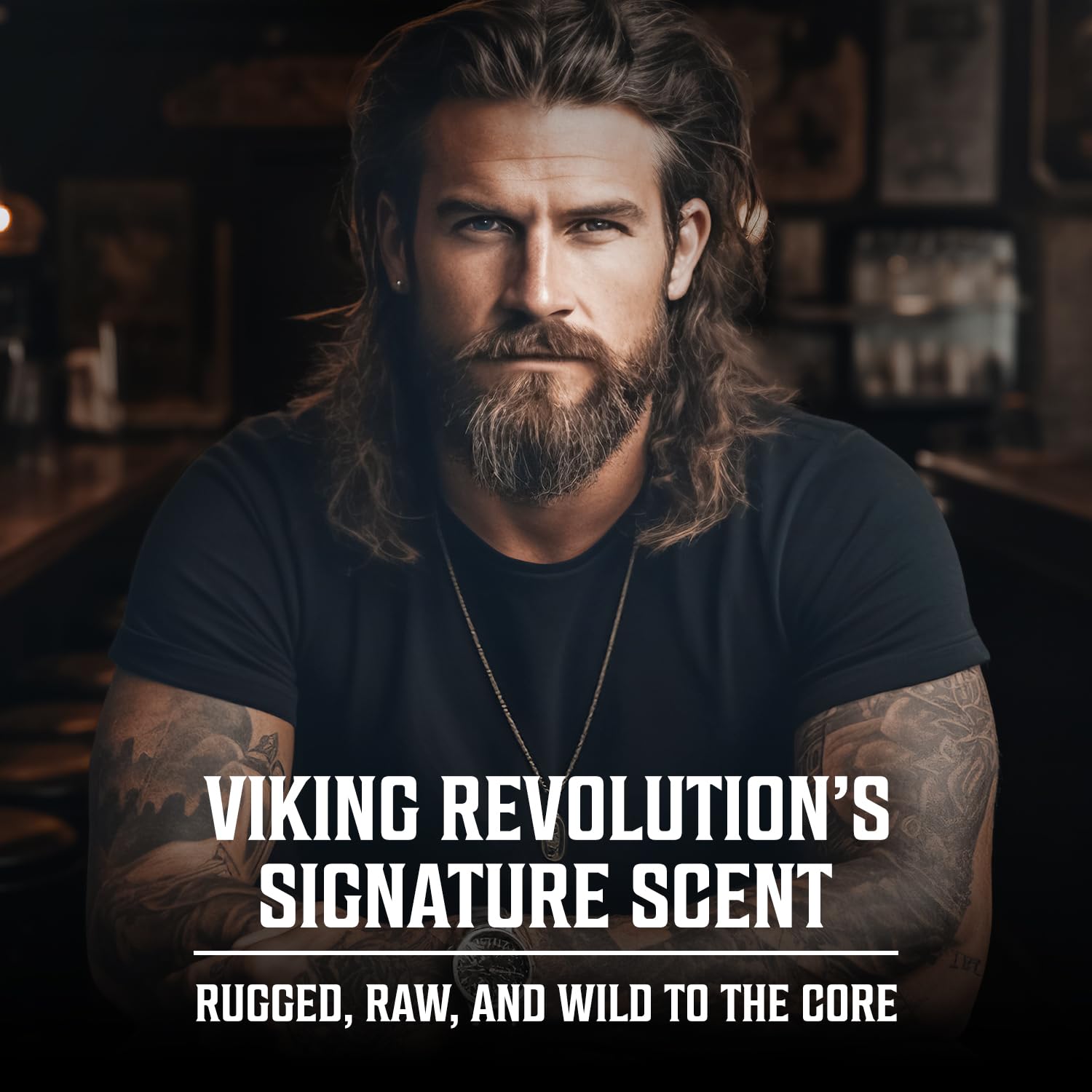Viking Revolution flatlay with wood and tobacco props showing scent character and warm depth benefit