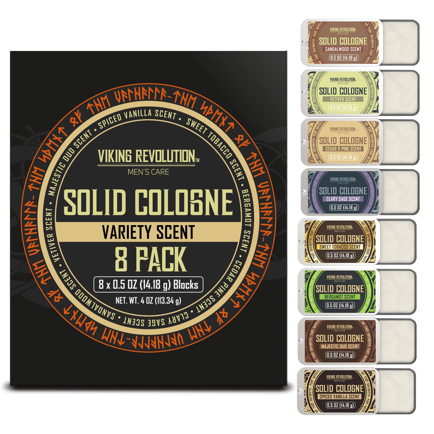 Viking Revolution front view of eight solid cologne tins showing compact design and portability