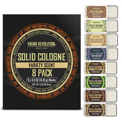 Viking Revolution front view of eight solid cologne tins showing compact design and portability