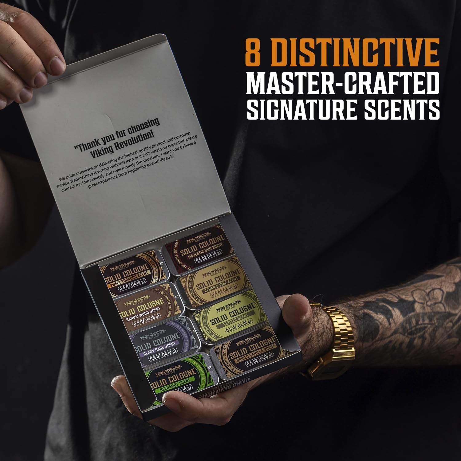 Viking Revolution open tin being applied to wrist demonstrating quick, no-spill use