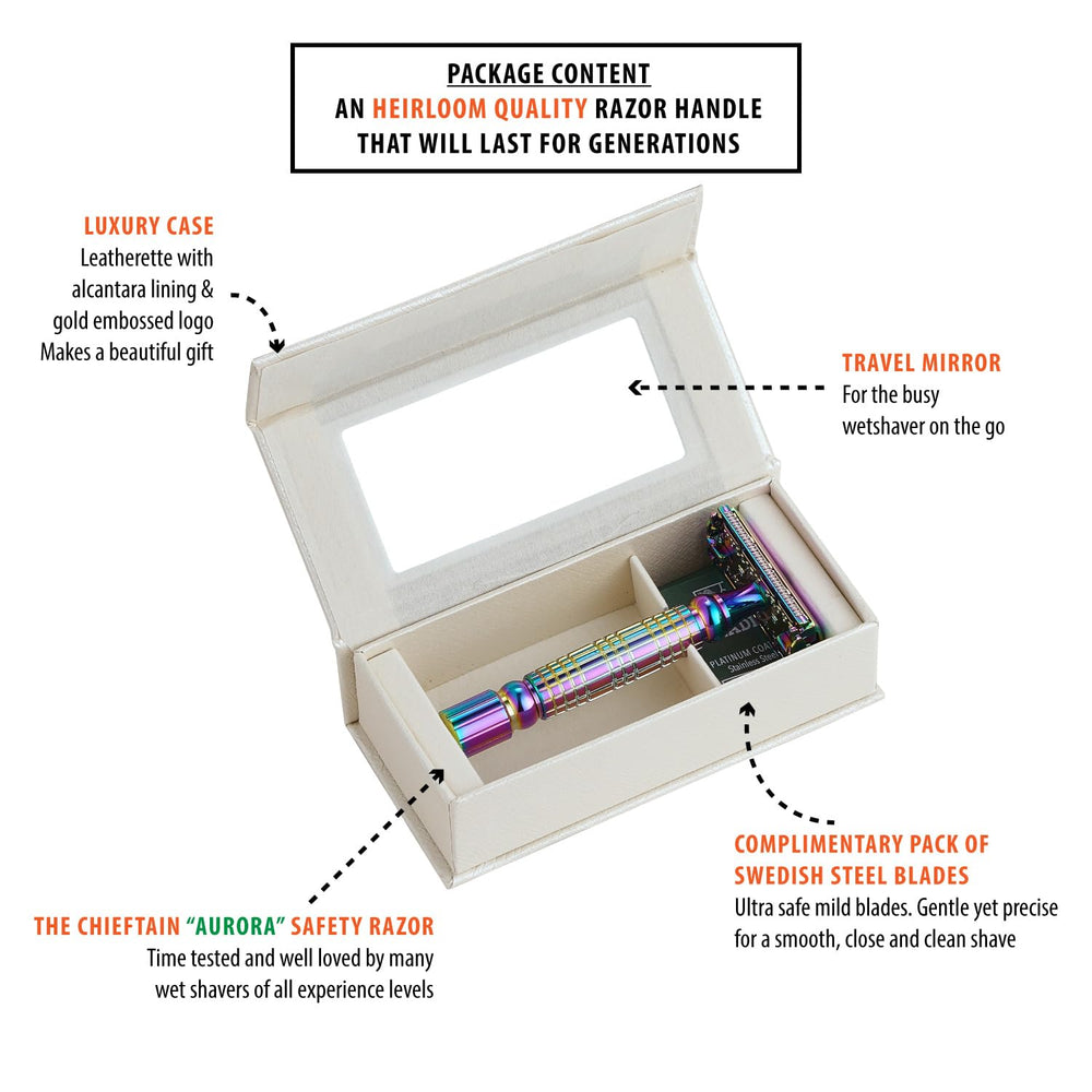 VIKINGS BLADE Chieftain Aurora open luxury case with razor and blades, organized for travel convenience