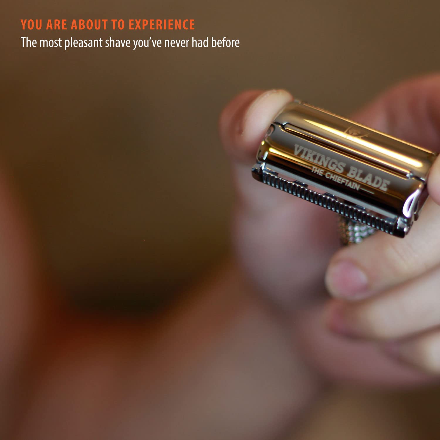 Person using VIKINGS BLADE Chieftain while shaving, demonstrates smoother, irritation-reducing shave