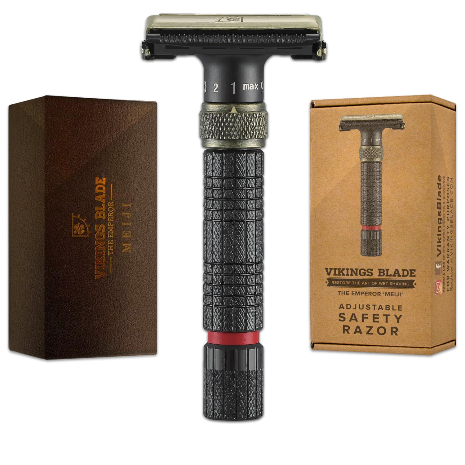 Vikings Blade Emperor Meiji front view showing sleek design and durable metal for precision shaving