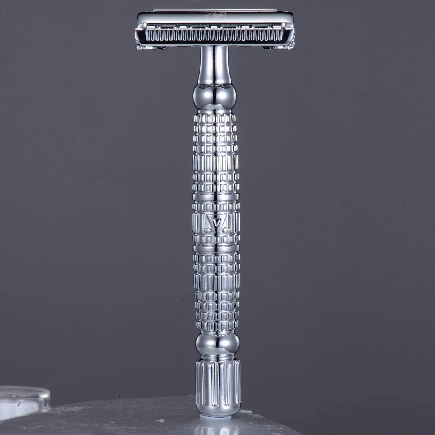 Vikings Blade Vulcan staged in bathroom lifestyle promoting eco-friendly grooming