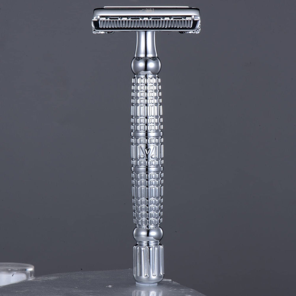 Vikings Blade Vulcan staged in bathroom lifestyle promoting eco-friendly grooming