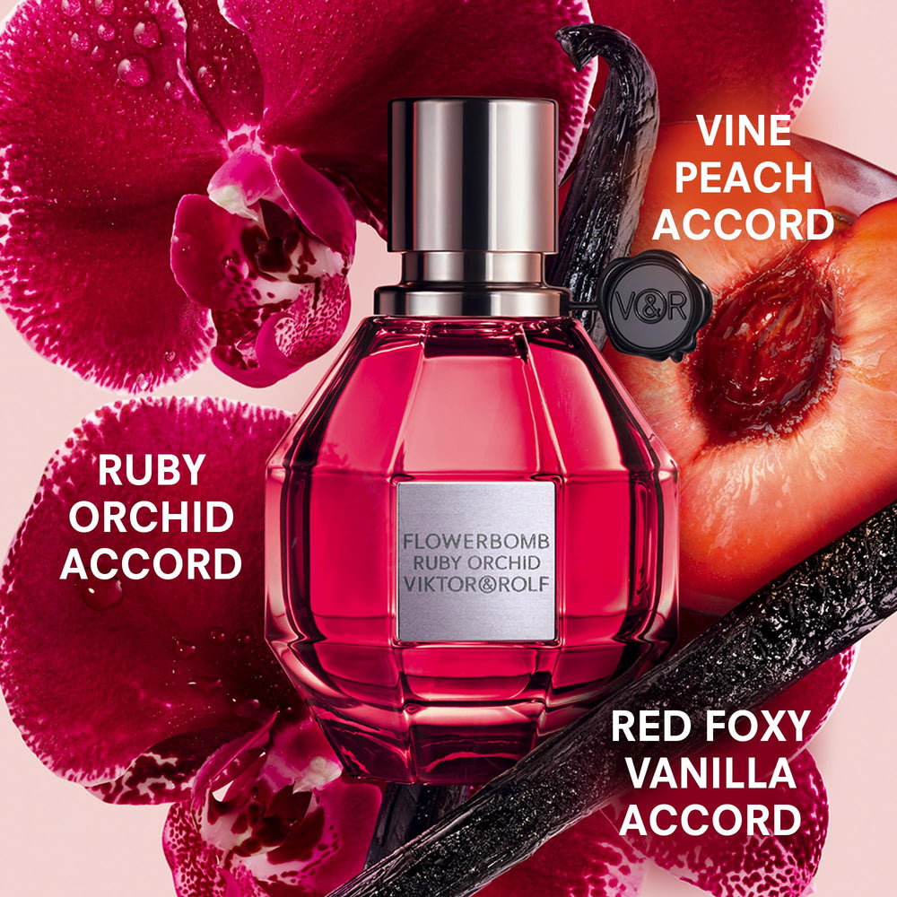 Viktor&Rolf bottle detail close-up showing ruby tones and crystal facets, conveys luxury