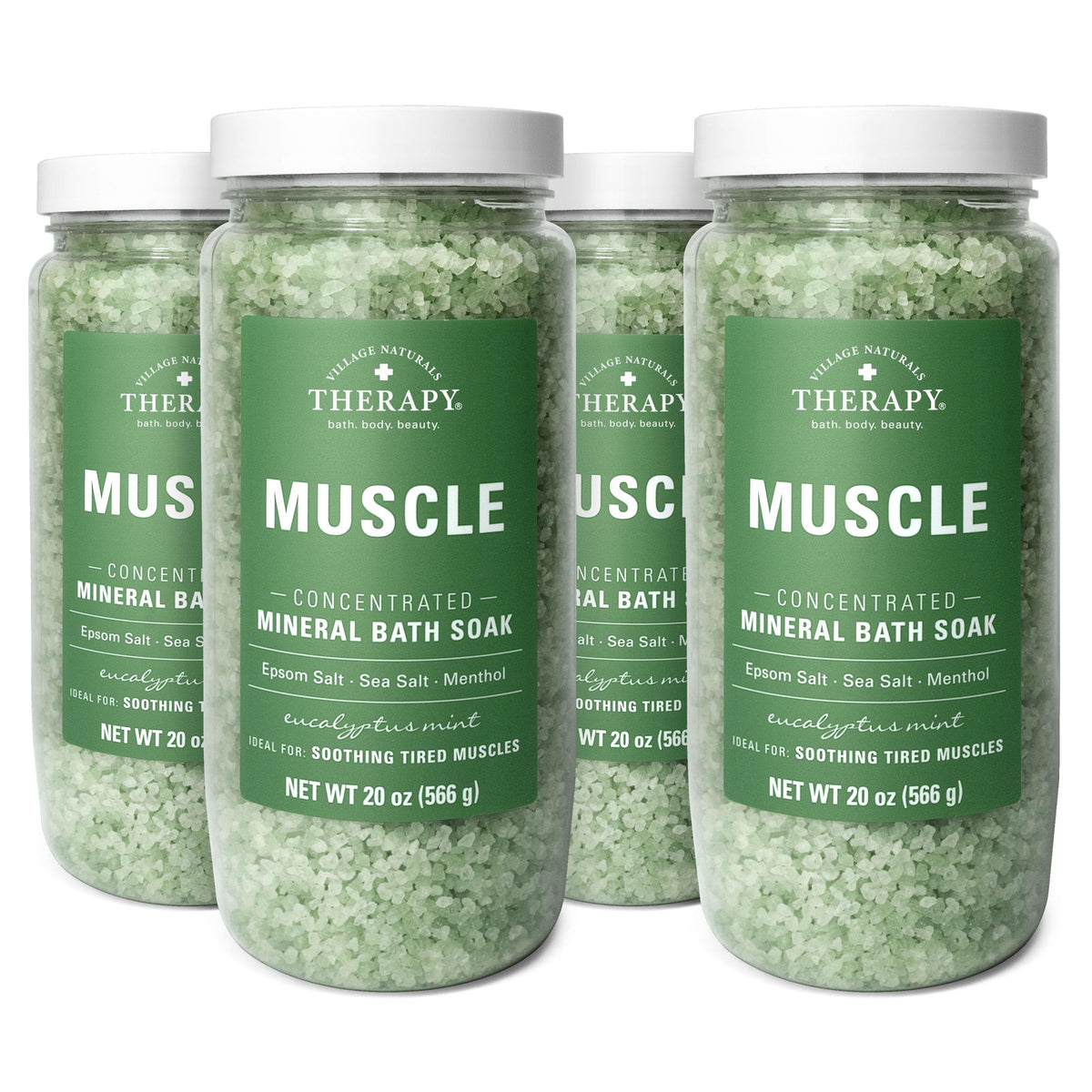 Village Naturals Therapy front packaging showing eucalyptus mint scent and 20 oz size for clear purchase info