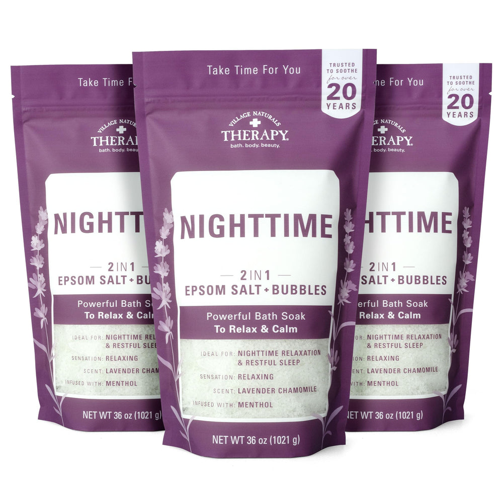 Village Naturals Therapy front packaging showing jar and sleep-support benefit
