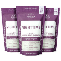 Village Naturals Therapy front packaging showing jar and sleep-support benefit