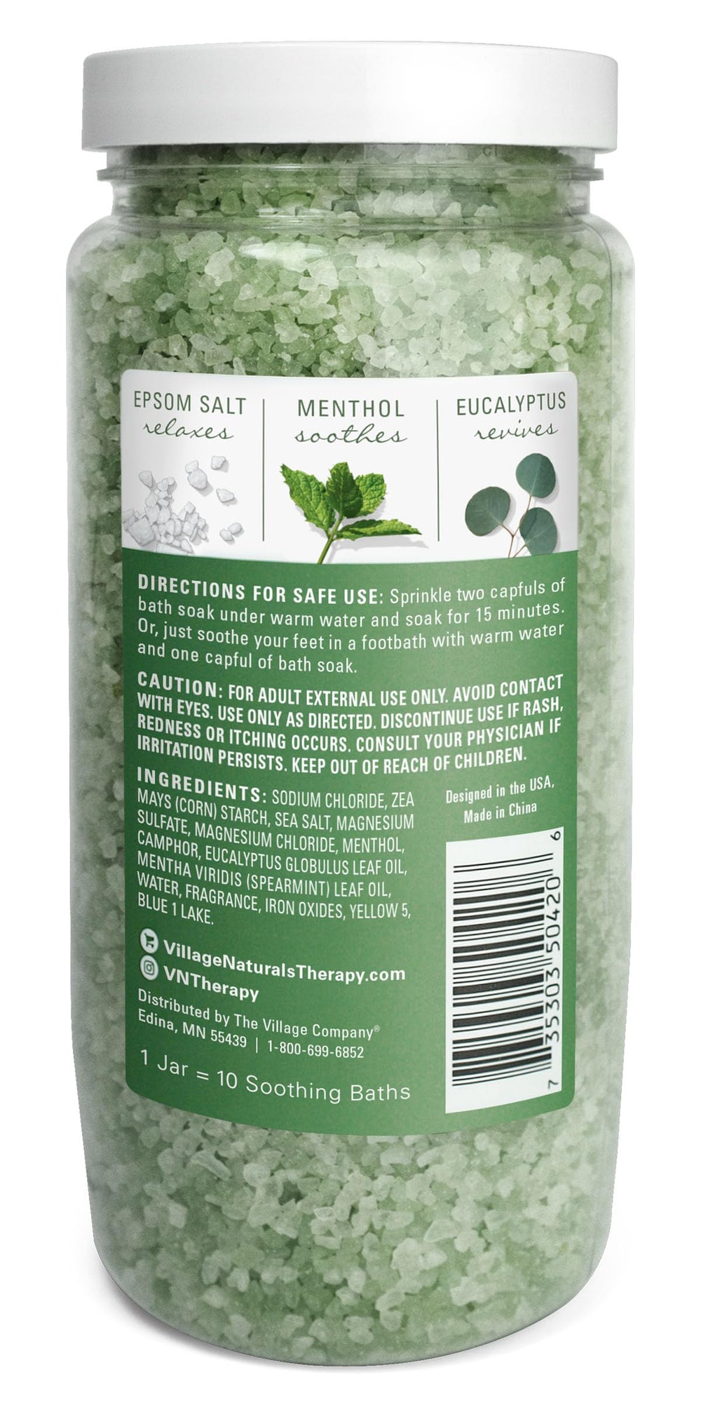 Village Naturals Therapy open jar close-up texture of mineral soak demonstrating fine powder consistency