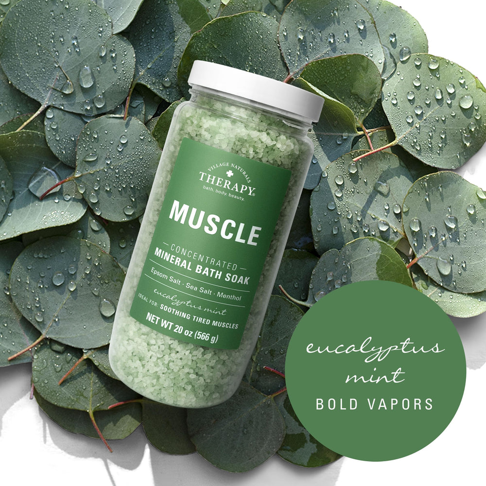 Village Naturals Therapy pouring soak into bath for easy use and fast-dissolving aromatic release