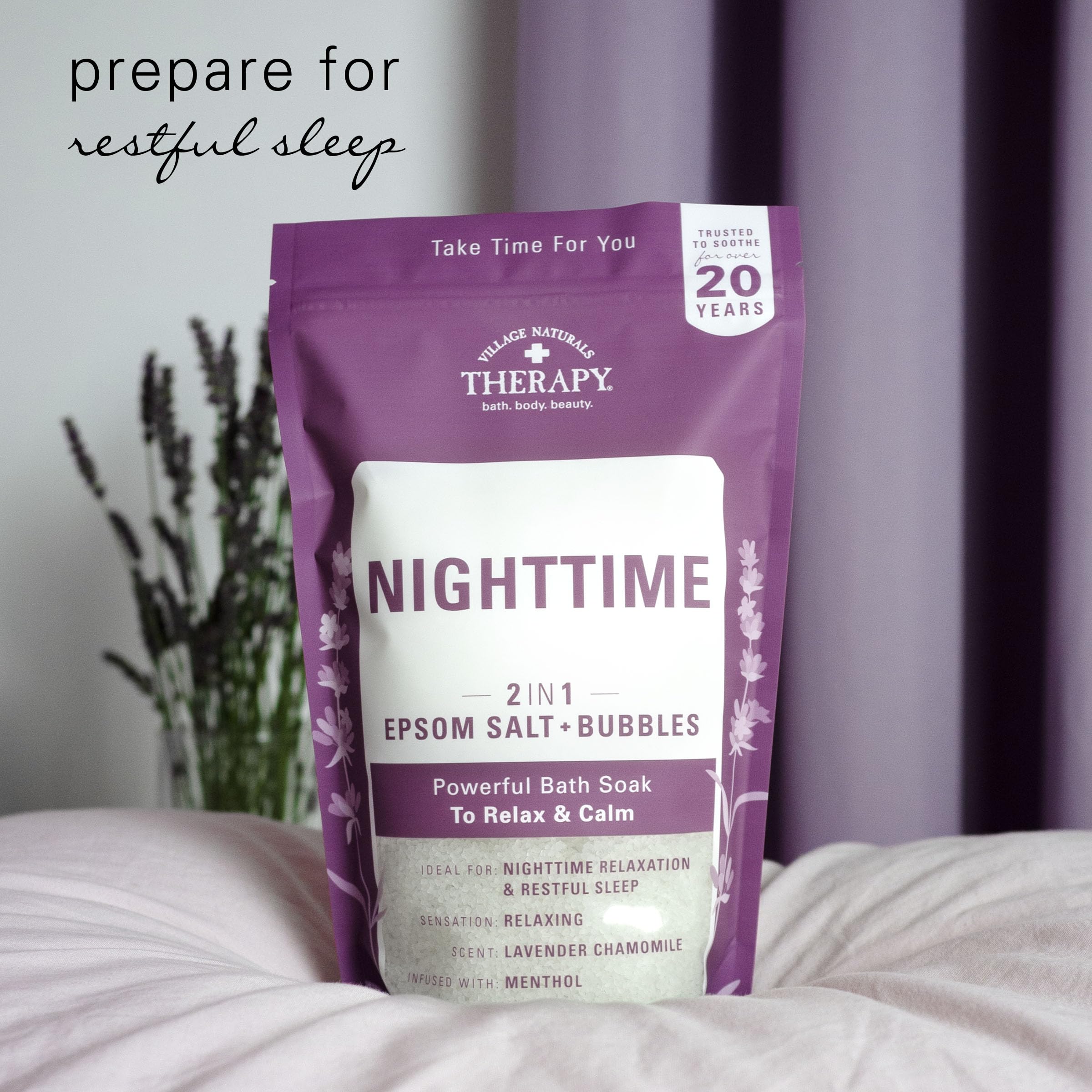 Village Naturals Therapy pouring soak into bath to create calming bubbles
