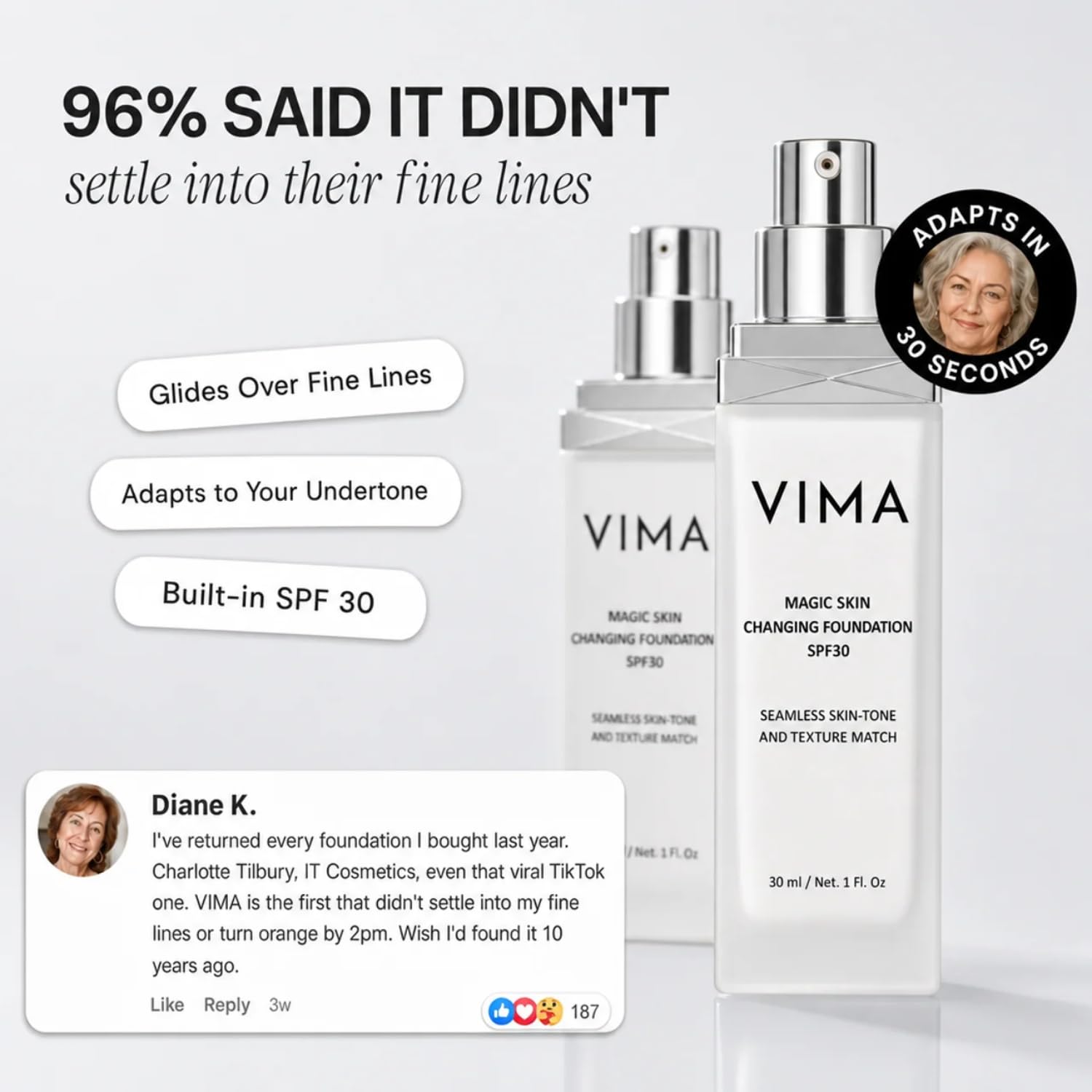 vima cosmetics blended foundation on skin showing adaptive shade-matching benefit