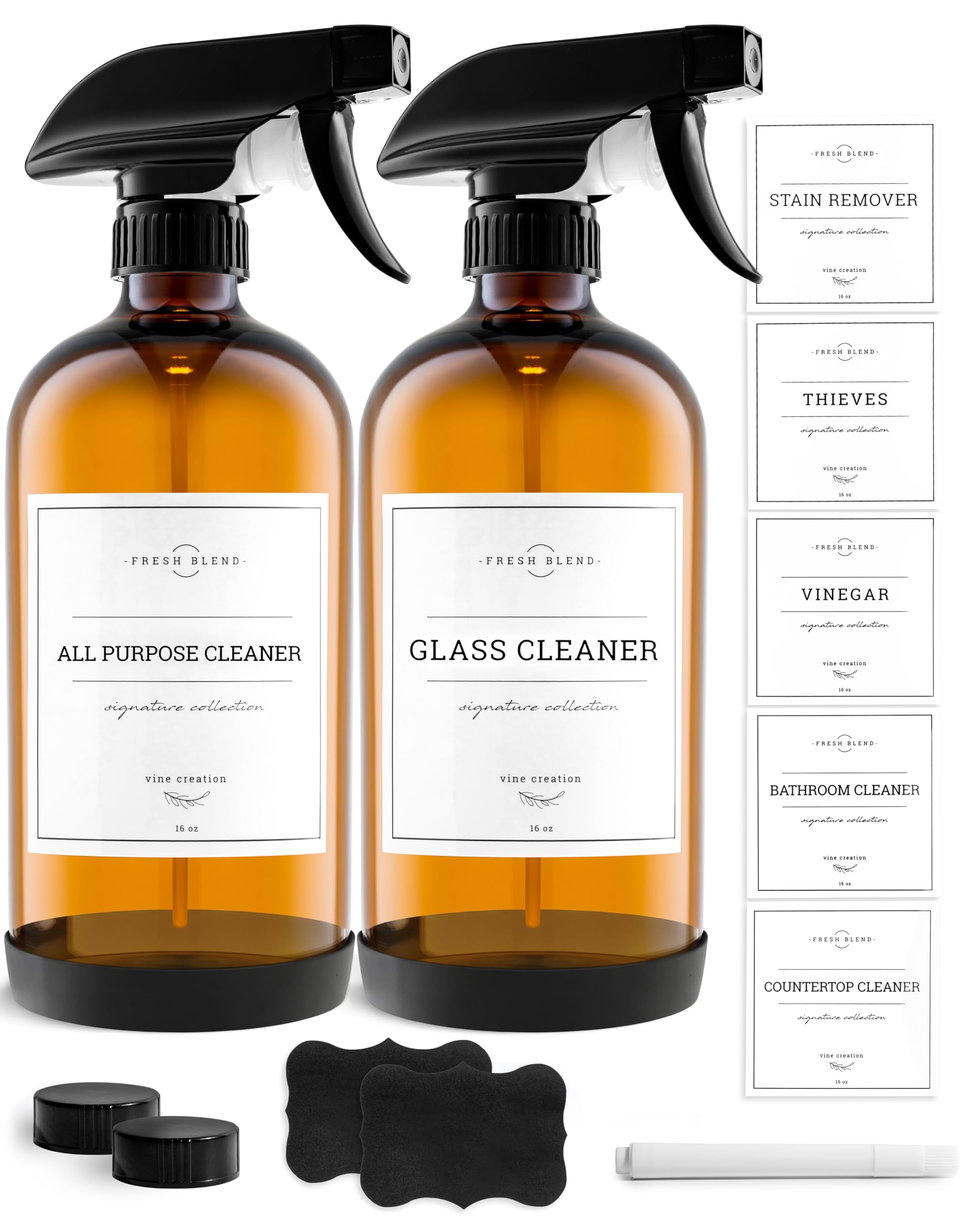 Vine Creations front packaging showing two amber spray bottles and included labels for organized storage