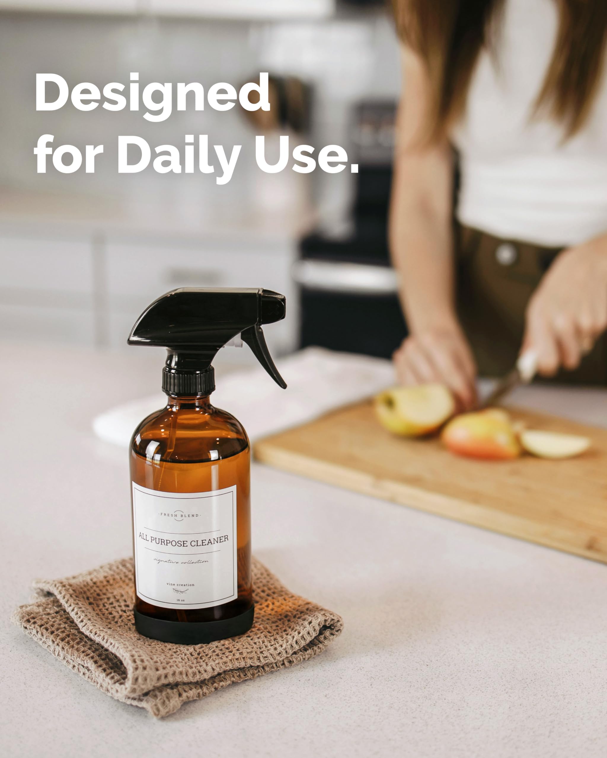 Vine Creations bottle in kitchen use demonstrating safe glass storage of cleaning solutions