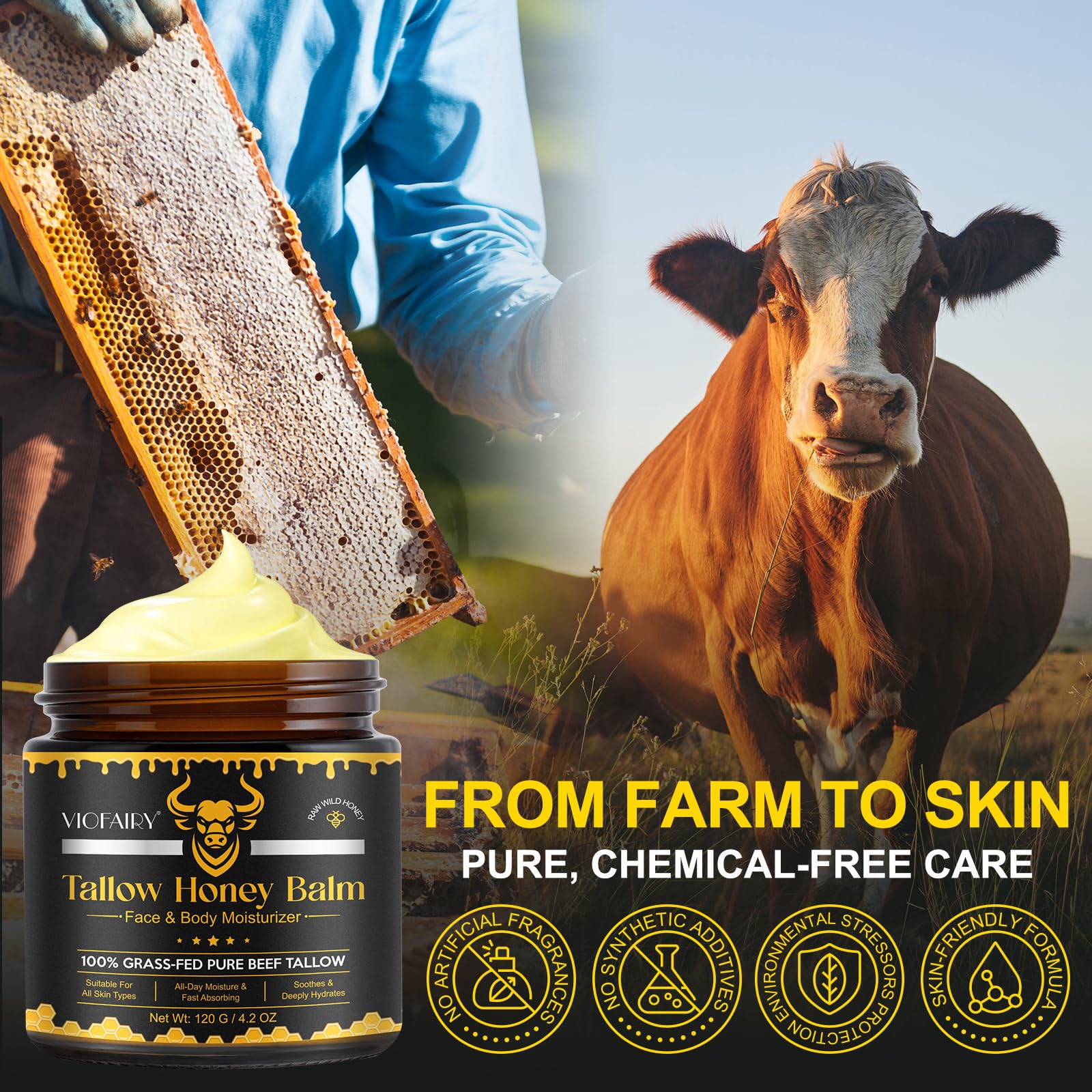 VIOFAIRY close-up of beef tallow ingredient highlighting nourishing fatty acids benefit