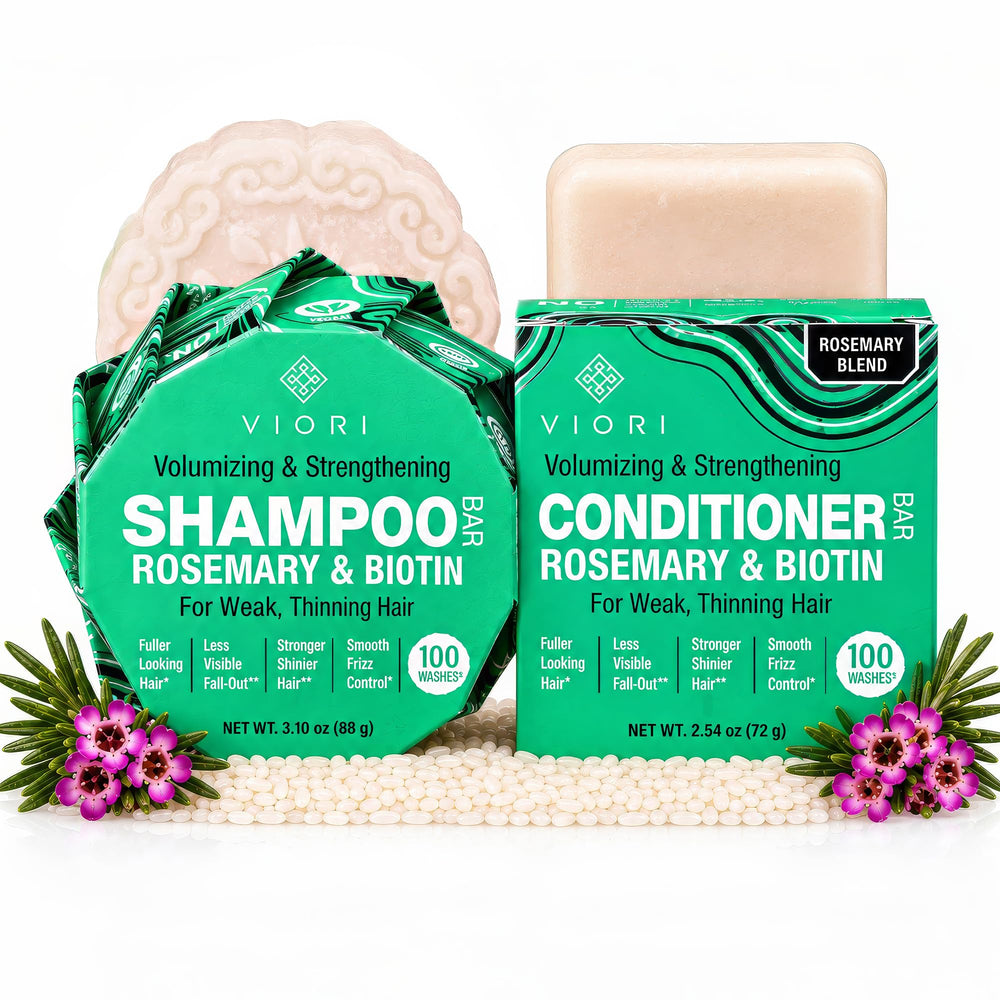 Viori front packaging showing the shampoo and conditioner bars and eco benefits