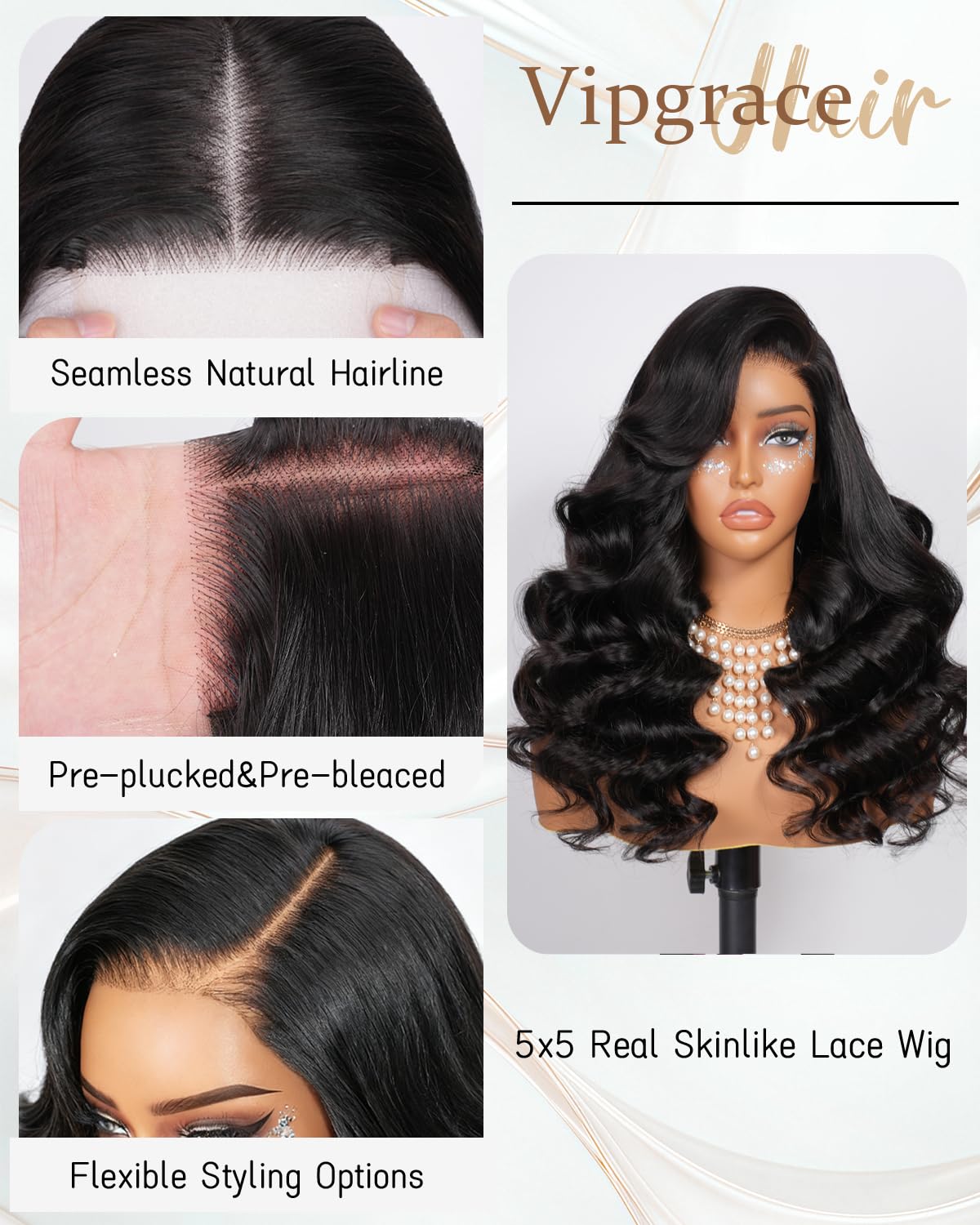 Vipgrace detailed view of pre-plucked hairline for realistic edge benefit