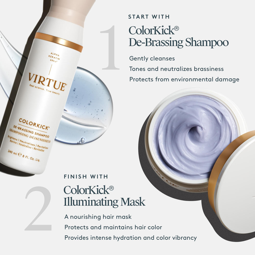 VIRTUE ColorKick before and after hair comparison showing reduced brassiness benefit