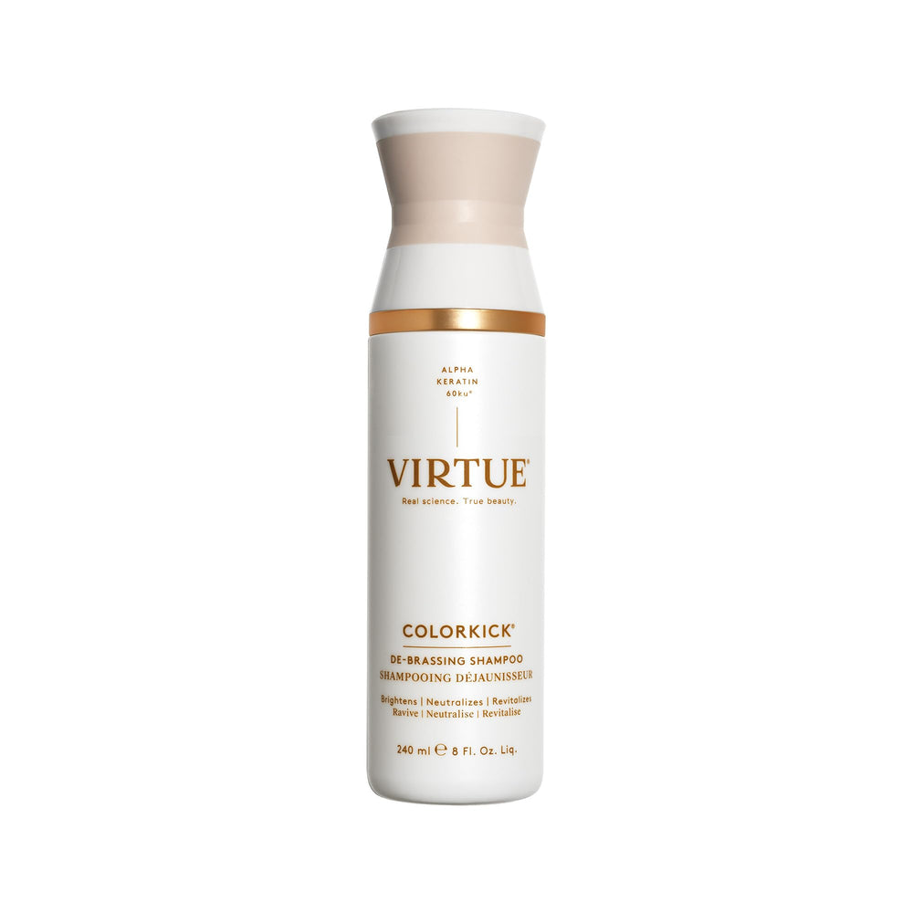 VIRTUE ColorKick front bottle view showing product and purple tint benefit
