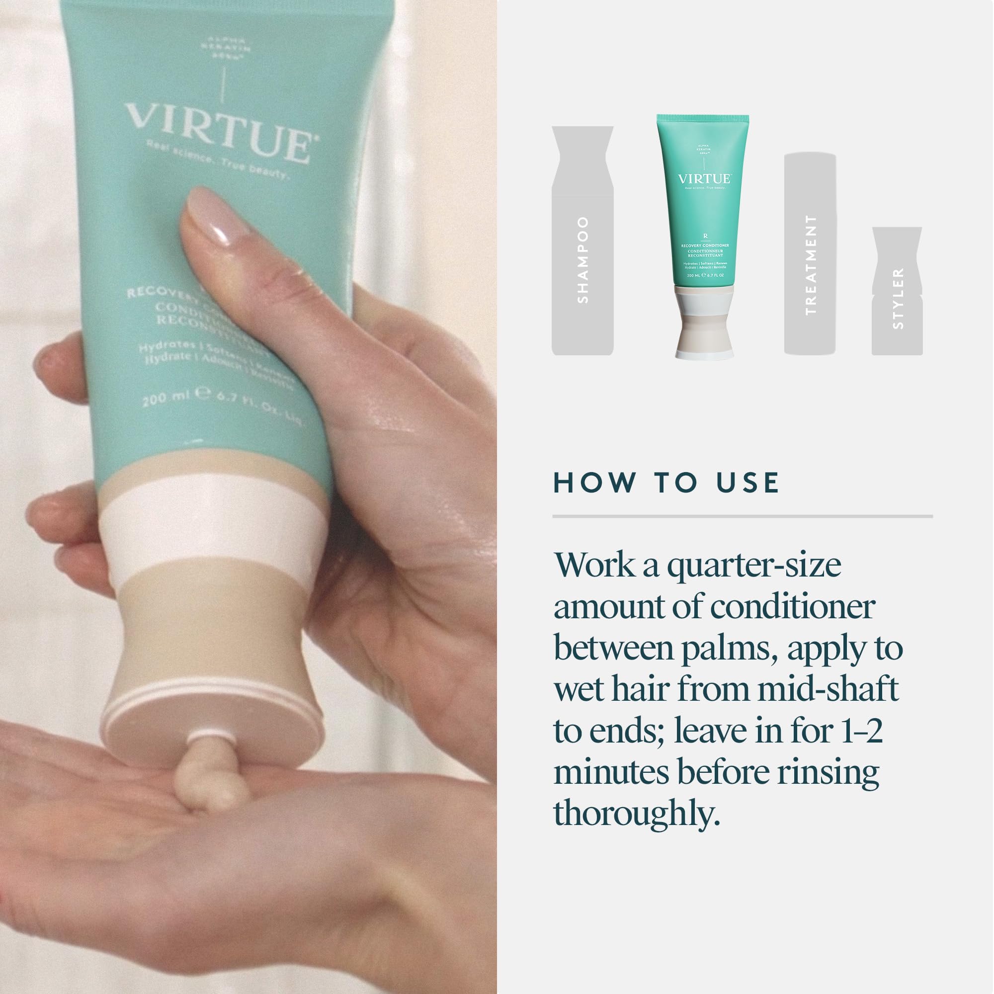 VIRTUE conditioner on bathroom shelf lifestyle setting promoting daily use benefits