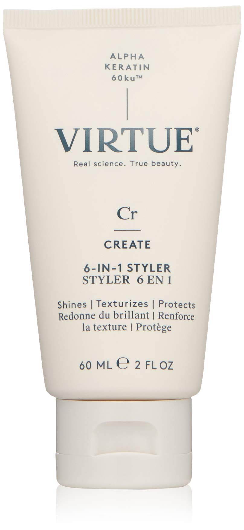 VIRTUE front packaging of 6-in-1 styling cream shows clean design and size benefit