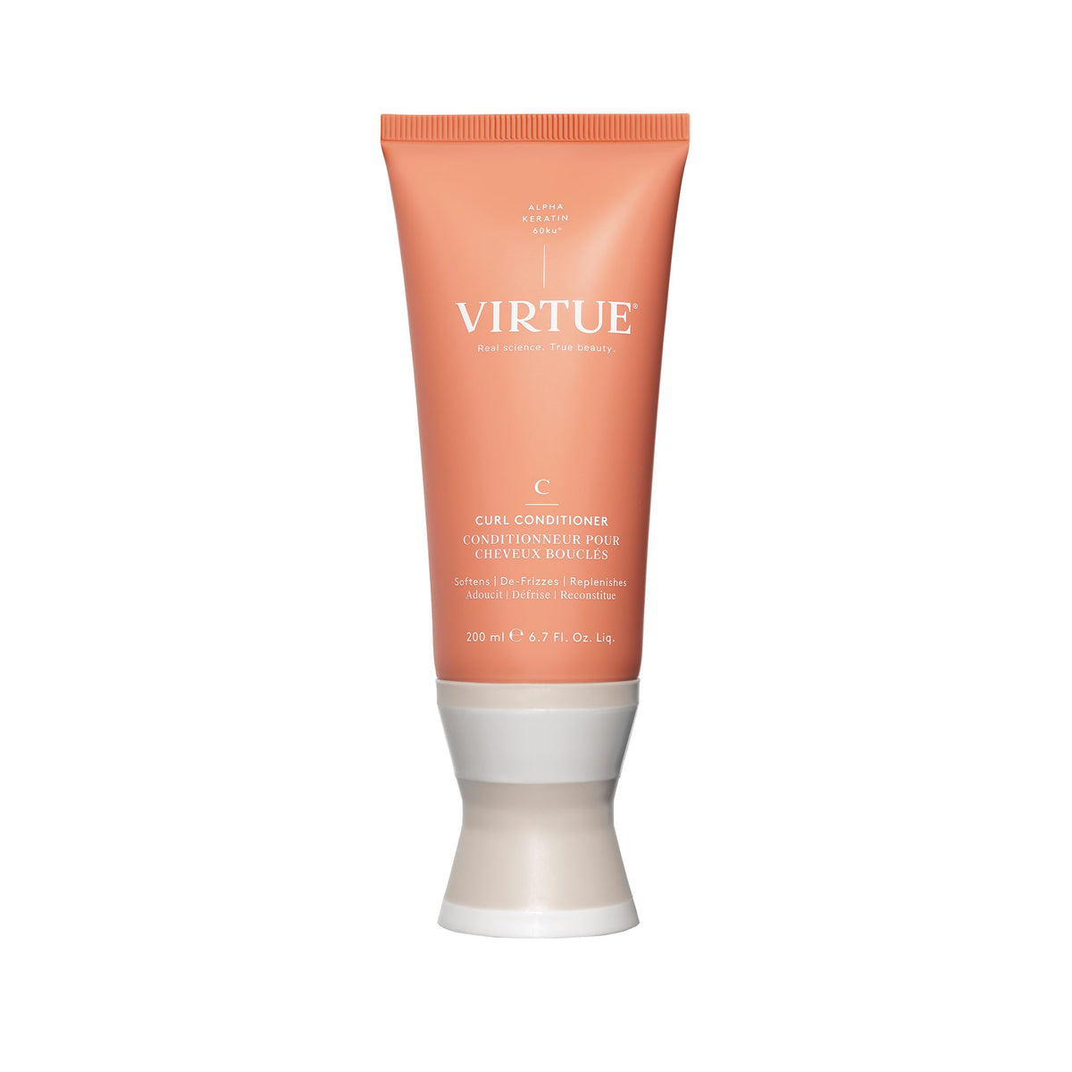 VIRTUE front bottle view showing product and benefit of hydrated curls