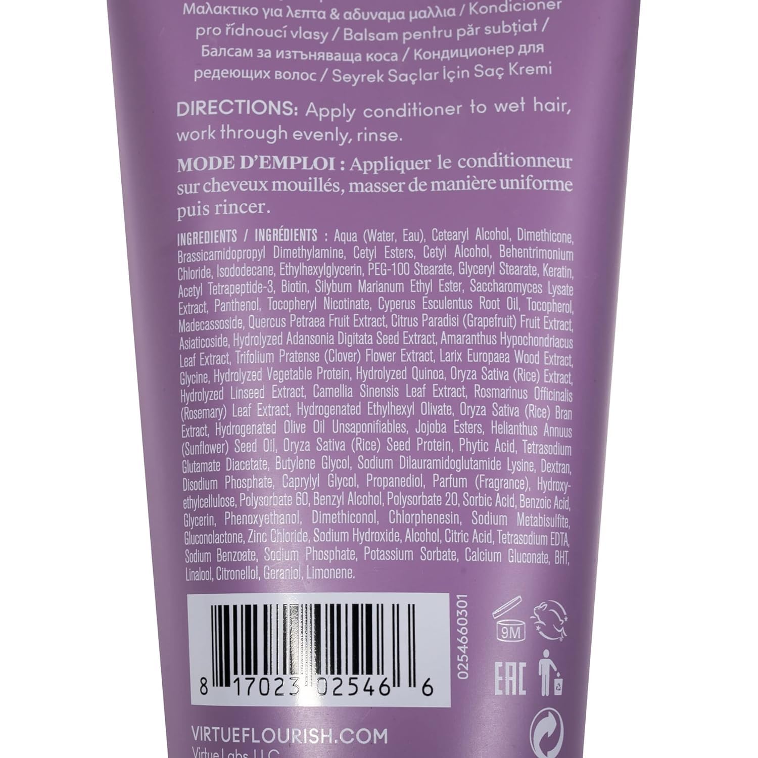 VIRTUE back label close-up highlighting ingredients and usage directions for safety