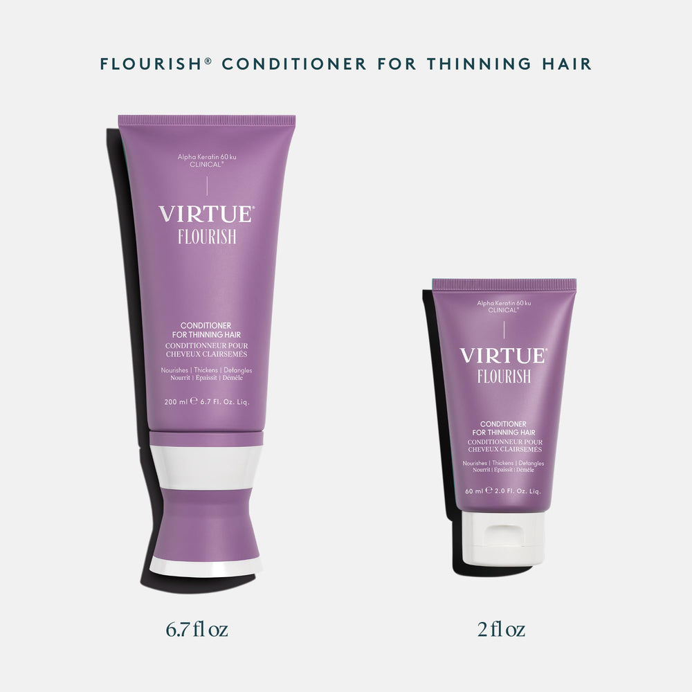 VIRTUE conditioner in shower being applied to hair for lightweight hydration benefit