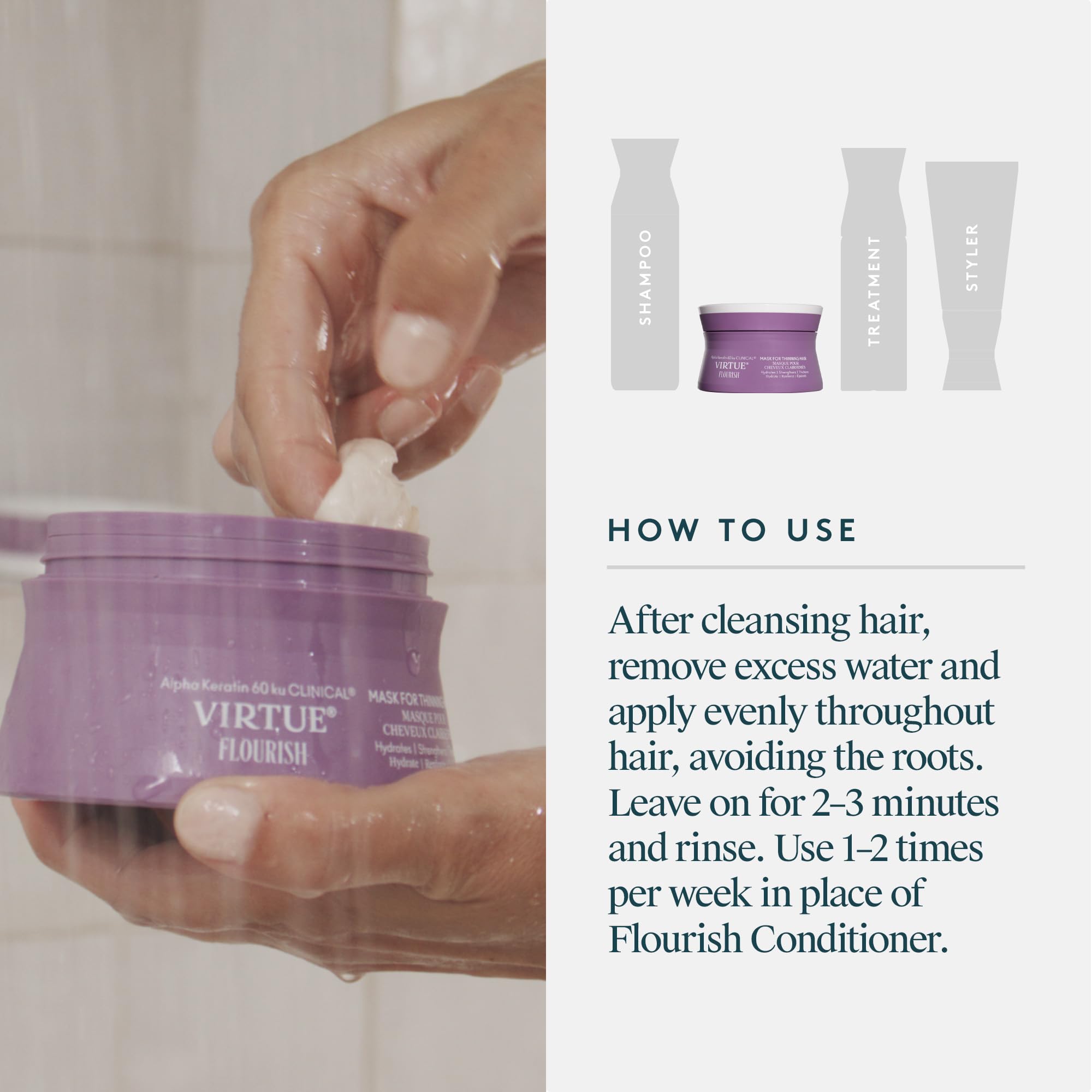 Close-up of VIRTUE label highlighting Alpha Keratin 60ku and clean formulation benefit