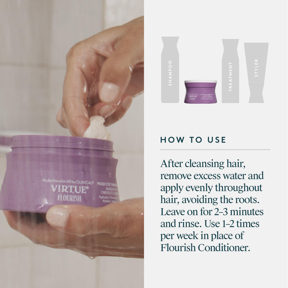 Close-up of VIRTUE label highlighting Alpha Keratin 60ku and clean formulation benefit