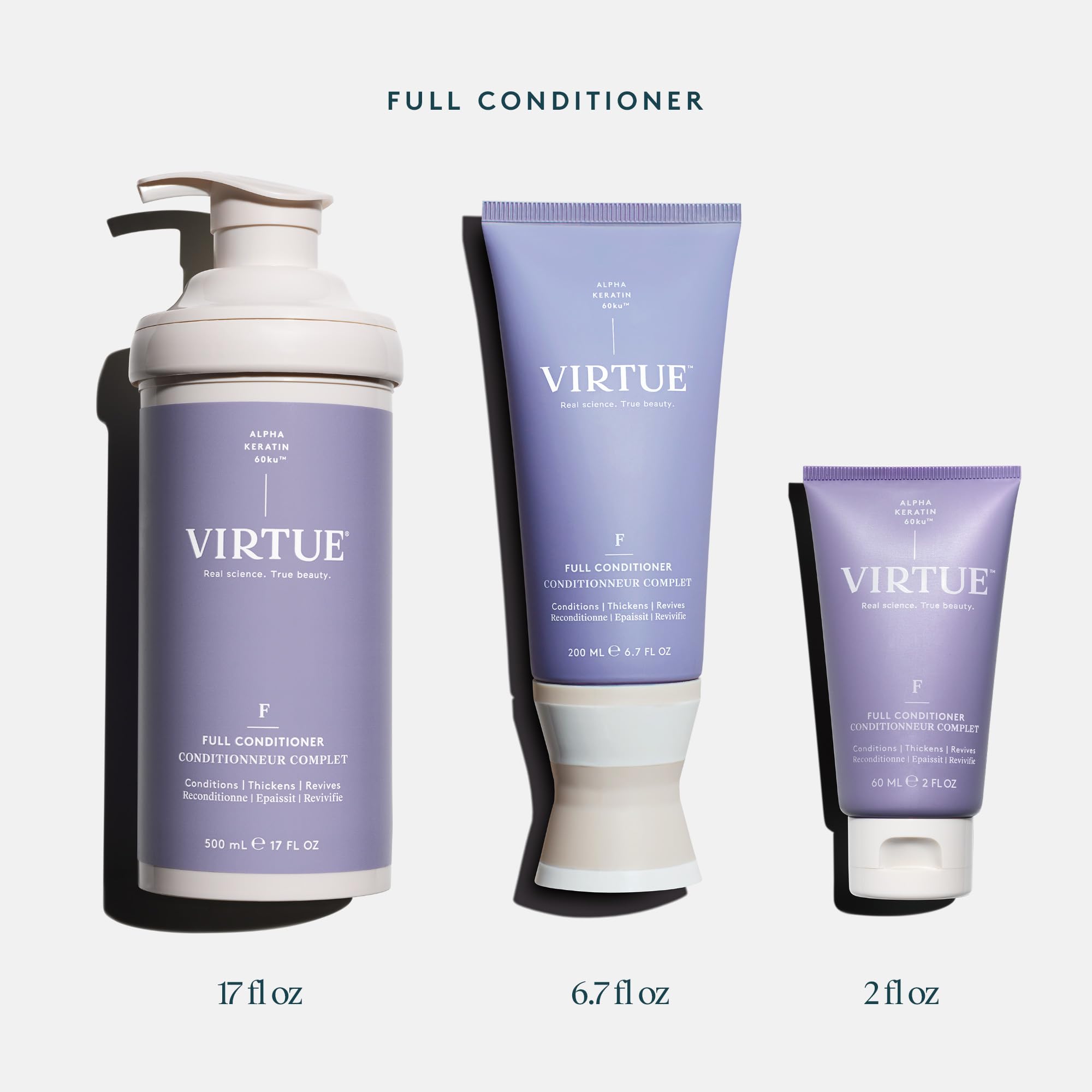 VIRTUE side-by-side hair strand before and after showing fuller look