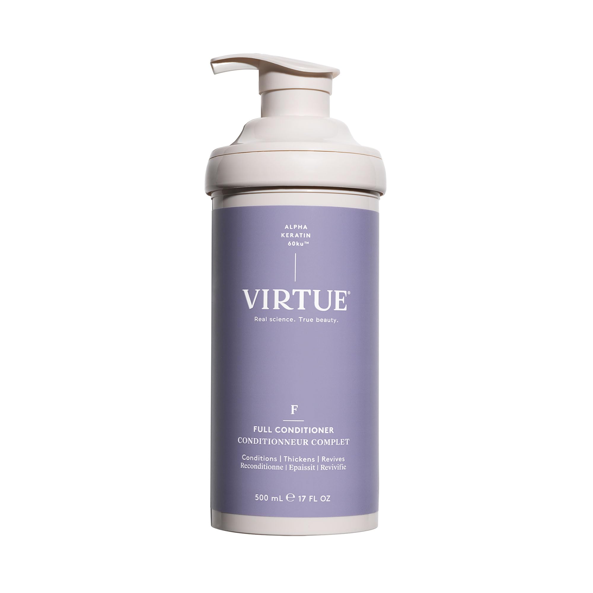 VIRTUE full conditioner front bottle shows clean design and size benefit